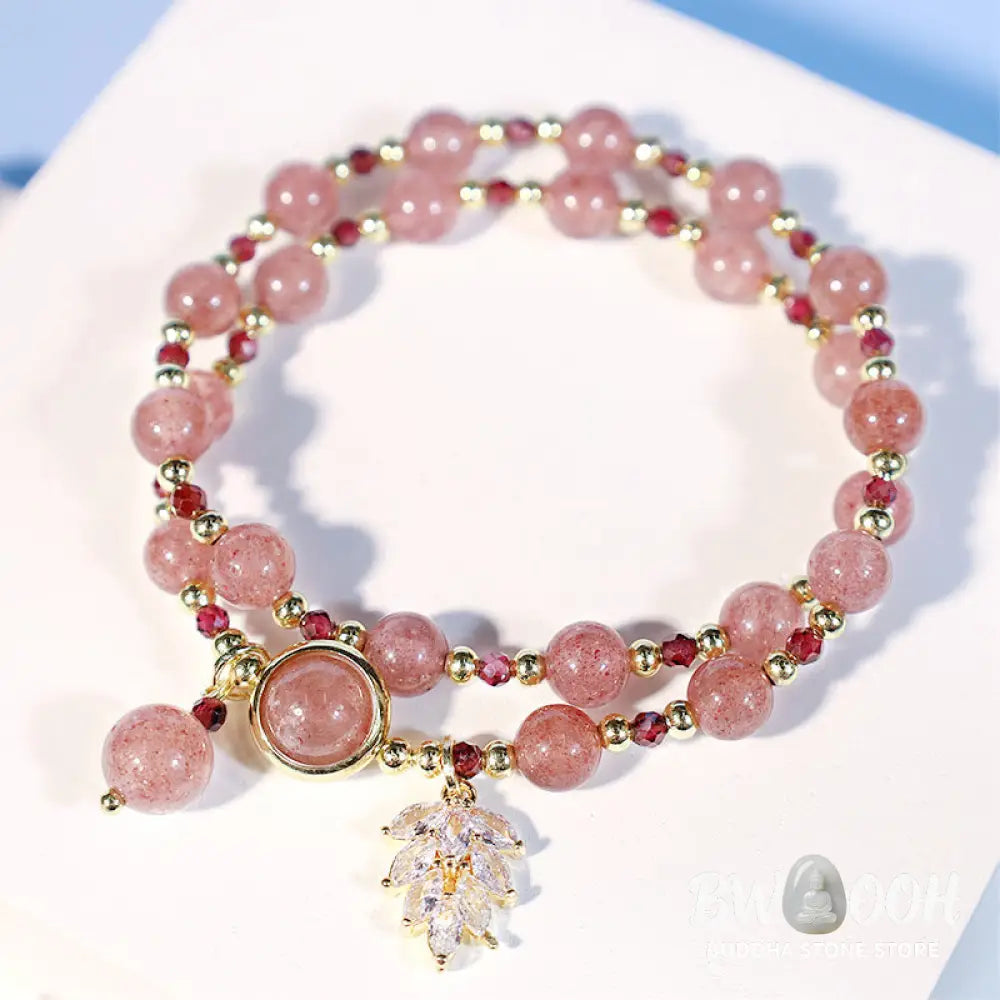 Buddha Stones Natural Strawberry Quartz Love Healing Maple Leaf Charm Double Wrap Bracelet - BWOOOH - Strawberry