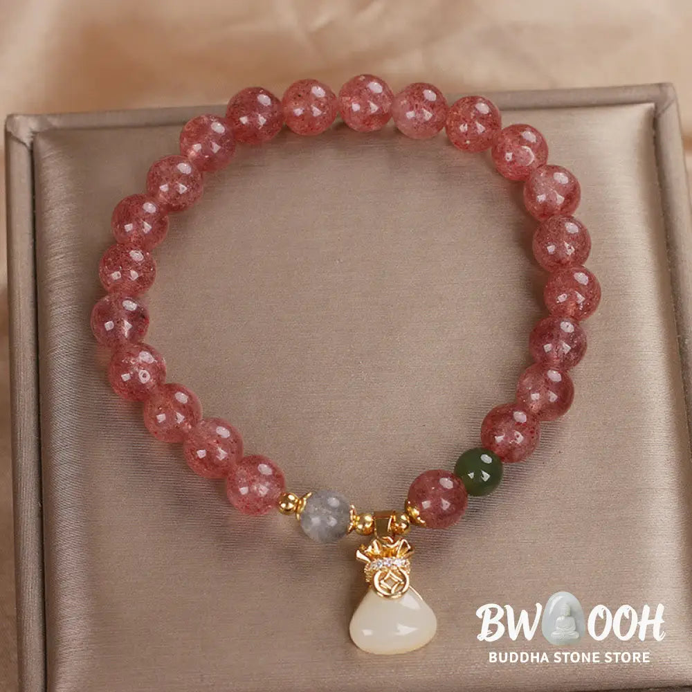 Buddha Stones Natural Strawberry Quartz Money Bag Charm Positive Bracelet - BWOOOH - Strawberry Quartz(Wrist