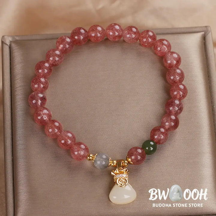 Buddha Stones Natural Strawberry Quartz Money Bag Charm Positive Bracelet - BWOOOH - Strawberry Quartz(Wrist