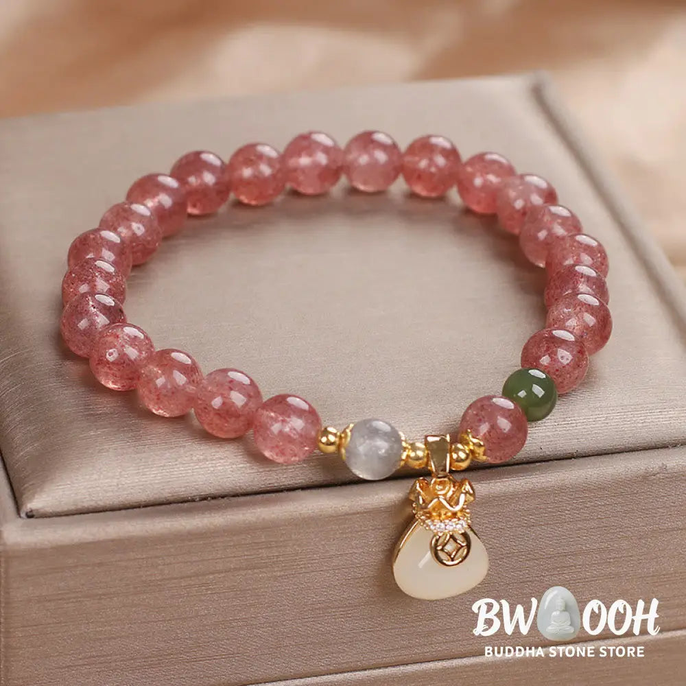 Buddha Stones Natural Strawberry Quartz Money Bag Charm Positive Bracelet - BWOOOH - Strawberry Quartz(Wrist