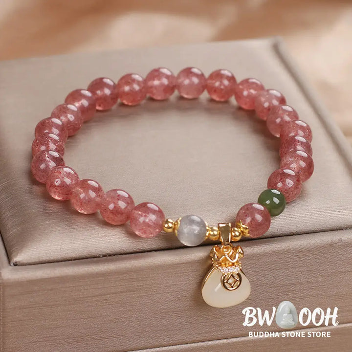 Buddha Stones Natural Strawberry Quartz Money Bag Charm Positive Bracelet - BWOOOH - Strawberry Quartz(Wrist