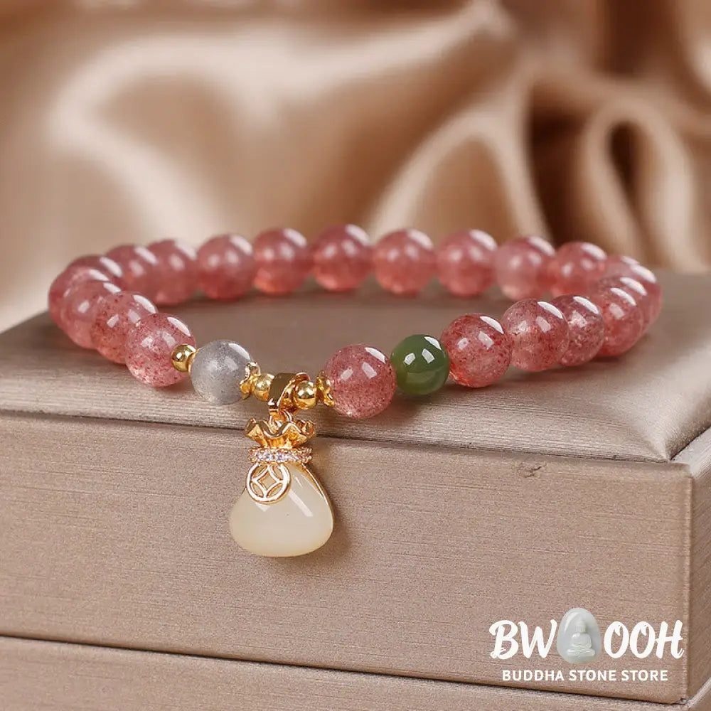 Buddha Stones Natural Strawberry Quartz Money Bag Charm Positive Bracelet - BWOOOH - Strawberry Quartz(Wrist