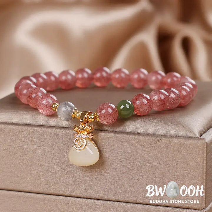 Buddha Stones Natural Strawberry Quartz Money Bag Charm Positive Bracelet - BWOOOH - Strawberry Quartz(Wrist