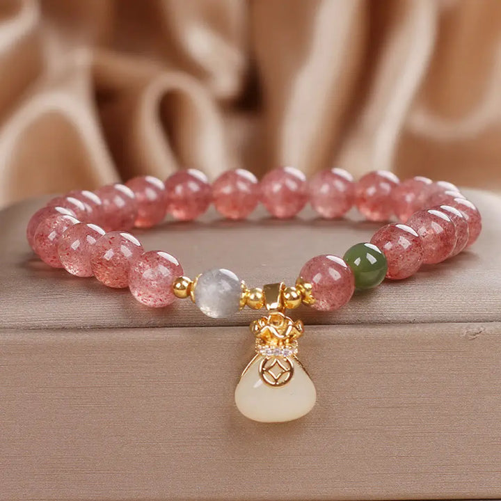 BWOOOH Natural Strawberry Quartz Money Bag Charm Positive Bracelet — Strawberry Quartz crystal healing bracelet for spirit...