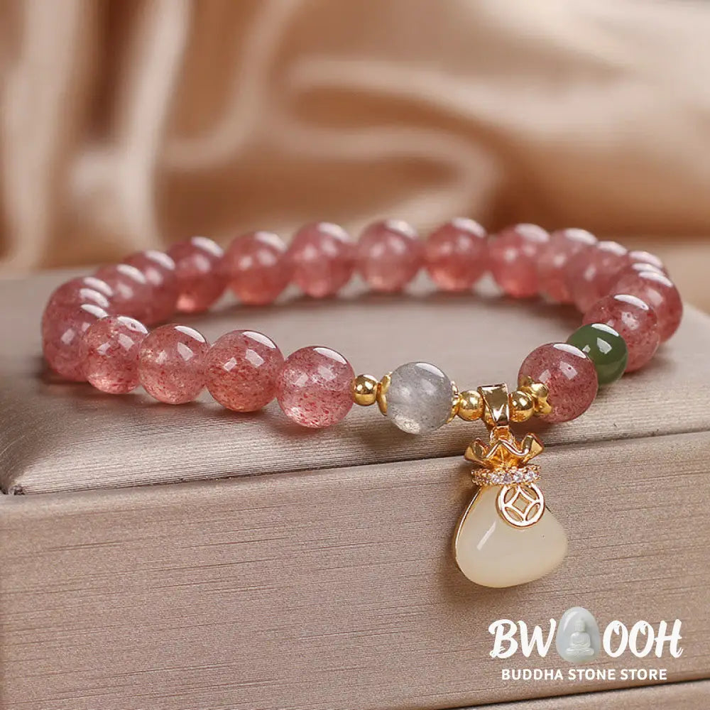 Buddha Stones Natural Strawberry Quartz Money Bag Charm Positive Bracelet - BWOOOH - Strawberry Quartz(Wrist