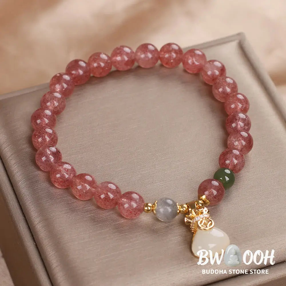 Buddha Stones Natural Strawberry Quartz Money Bag Charm Positive Bracelet - BWOOOH - Strawberry Quartz(Wrist