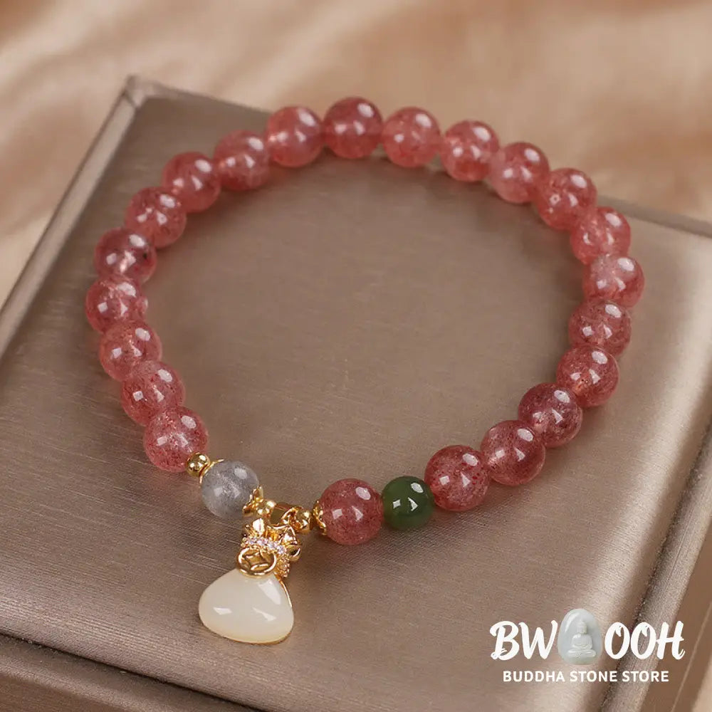 Buddha Stones Natural Strawberry Quartz Money Bag Charm Positive Bracelet - BWOOOH - Strawberry Quartz(Wrist