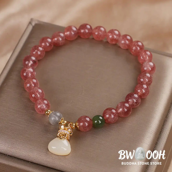 Buddha Stones Natural Strawberry Quartz Money Bag Charm Positive Bracelet - BWOOOH - Strawberry Quartz(Wrist