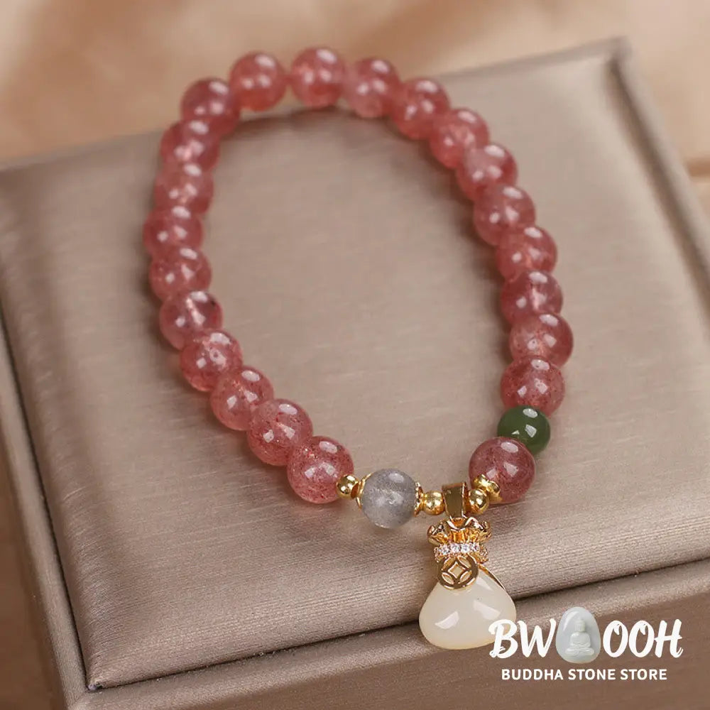 Buddha Stones Natural Strawberry Quartz Money Bag Charm Positive Bracelet - BWOOOH - Strawberry Quartz(Wrist