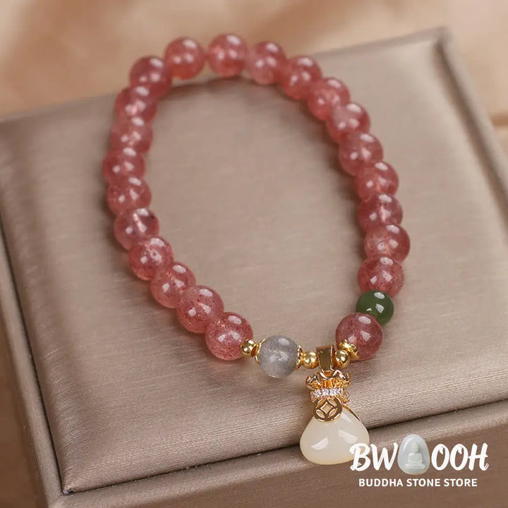 Buddha Stones Natural Strawberry Quartz Money Bag Charm Positive Bracelet - BWOOOH - Strawberry Quartz(Wrist