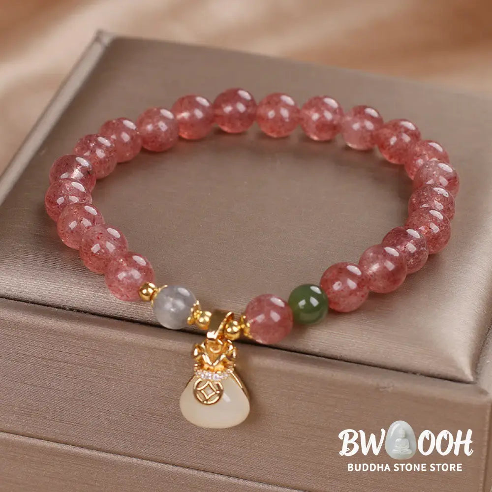 Buddha Stones Natural Strawberry Quartz Money Bag Charm Positive Bracelet - BWOOOH - Strawberry Quartz(Wrist