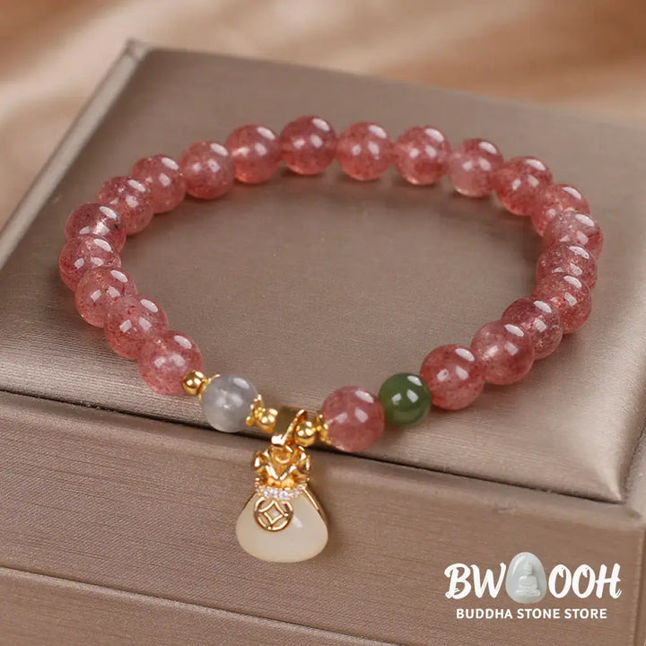 Buddha Stones Natural Strawberry Quartz Money Bag Charm Positive Bracelet - BWOOOH - Strawberry Quartz(Wrist