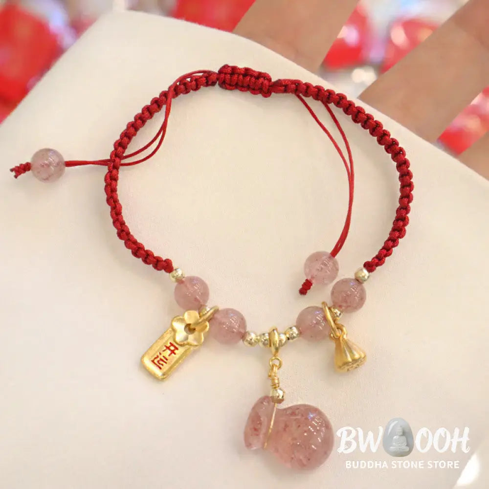 BWOOOH Natural Strawberry Quartz Money Bag Lotus Healing Charm Red String Braided Bracelet - Strawberry