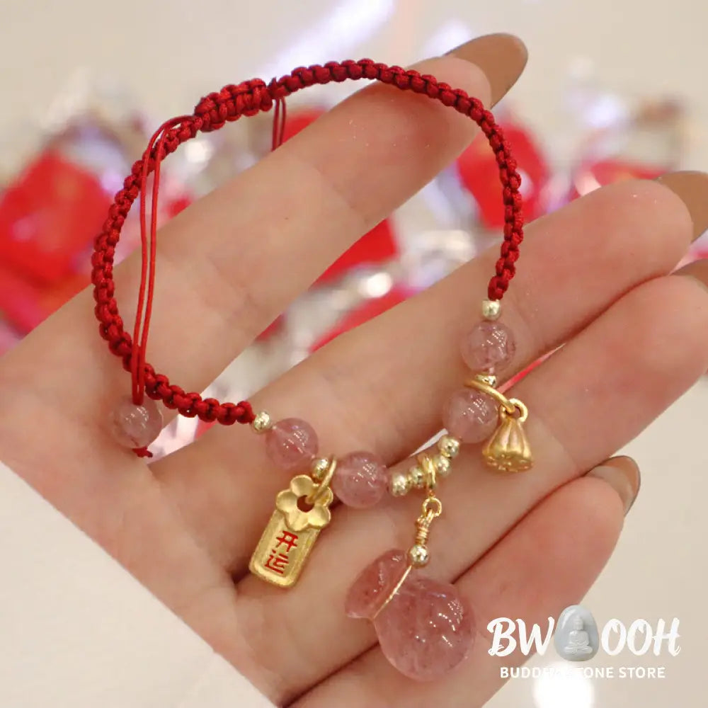 BWOOOH Natural Strawberry Quartz Money Bag Lotus Healing Charm Red String Braided Bracelet - Strawberry