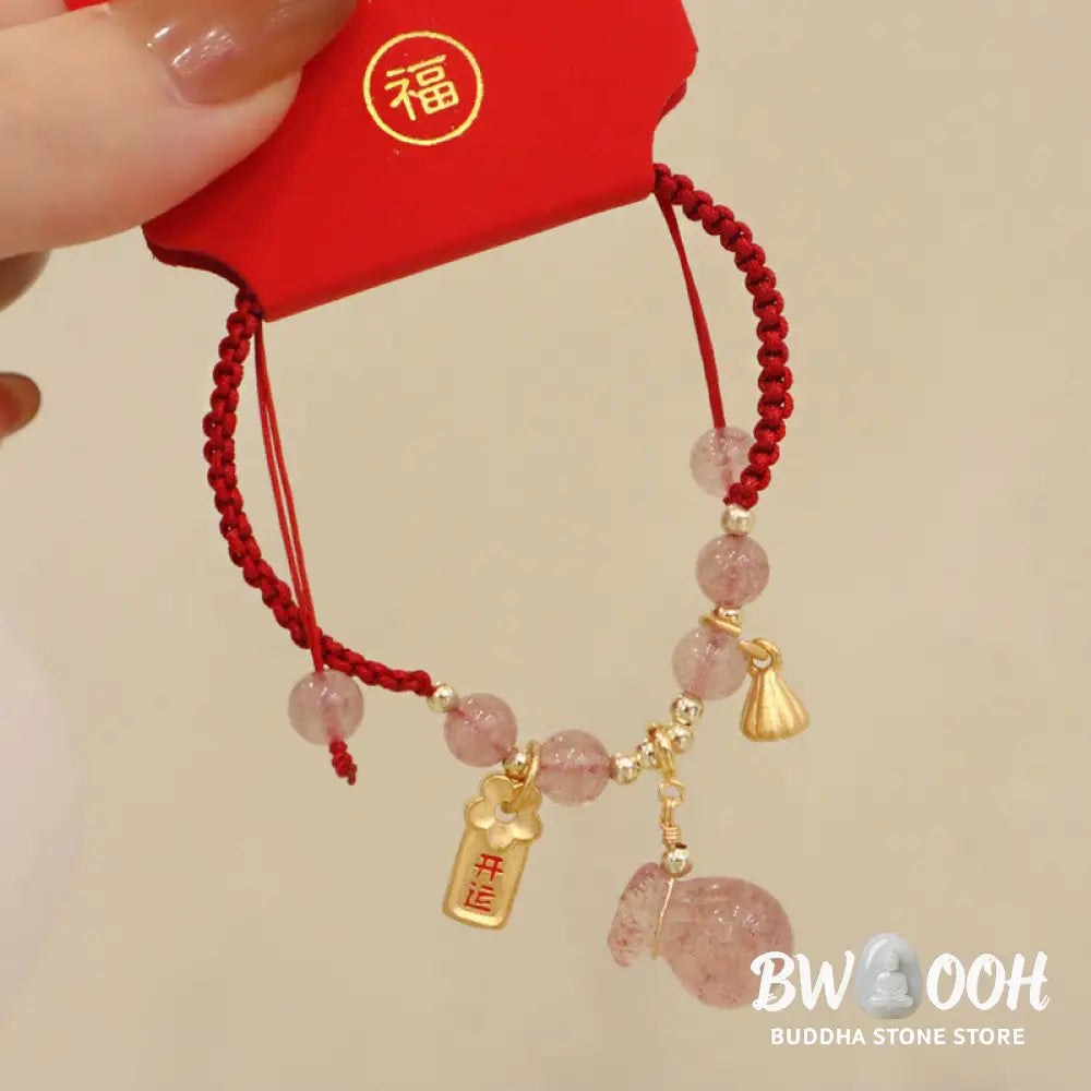 BWOOOH Natural Strawberry Quartz Money Bag Lotus Healing Charm Red String Braided Bracelet - Strawberry