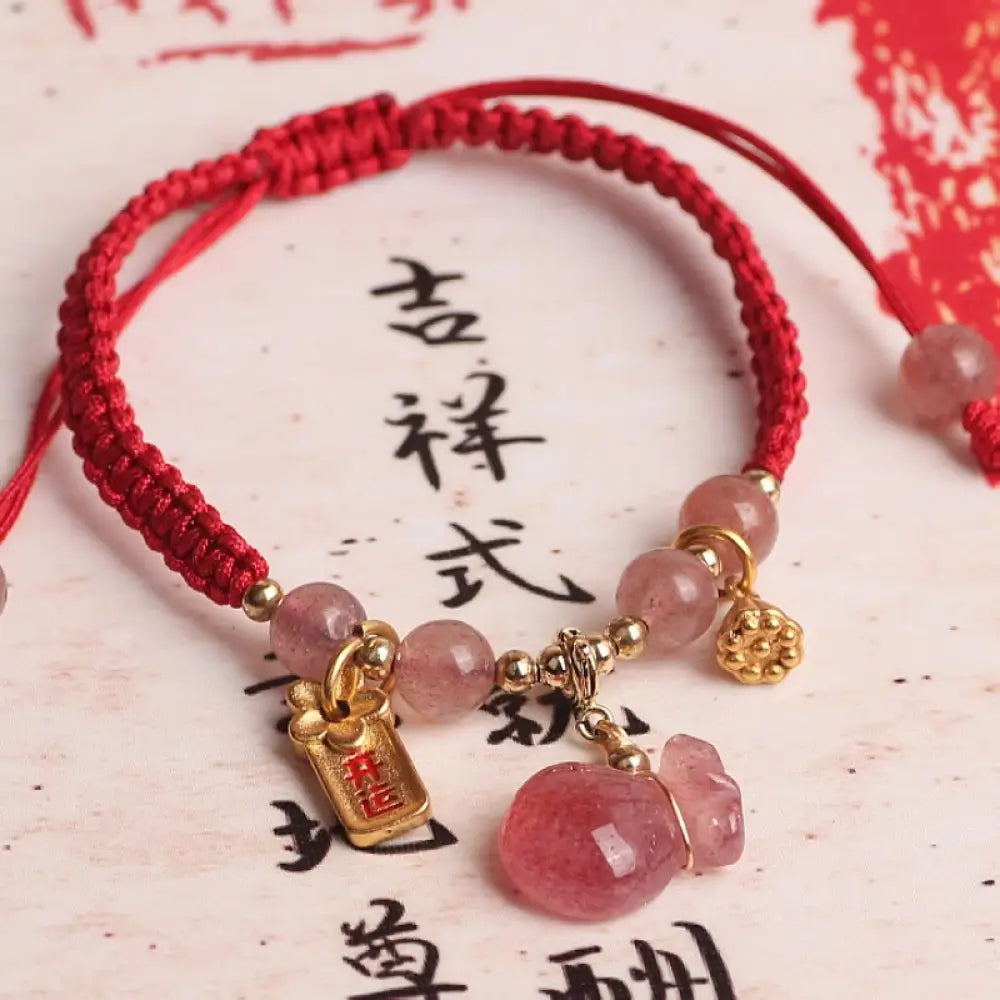BWOOOH Natural Strawberry Quartz Money Bag Lotus Healing Charm Red String Braided Bracelet - Strawberry