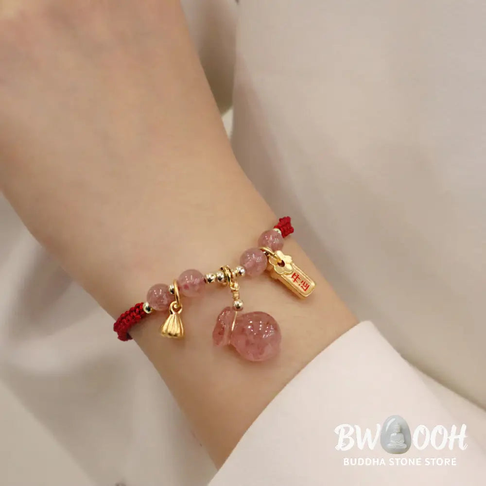 BWOOOH Natural Strawberry Quartz Money Bag Lotus Healing Charm Red String Braided Bracelet - Strawberry