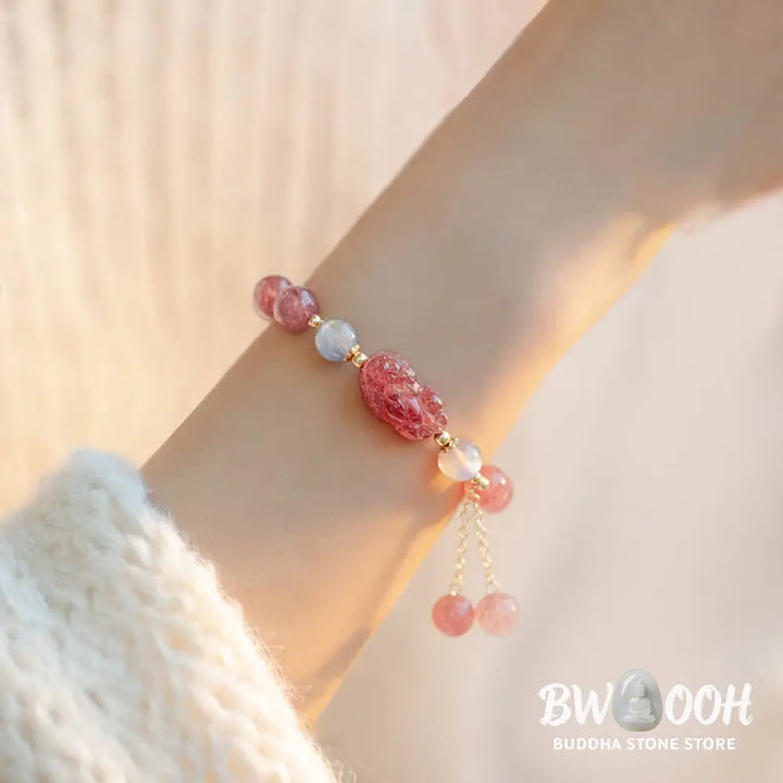 Buddha Stones Natural Strawberry Quartz Moonstone PiXiu Love Healing Bracelet - BWOOOH - Strawberry Quartz&amp;Moonstone