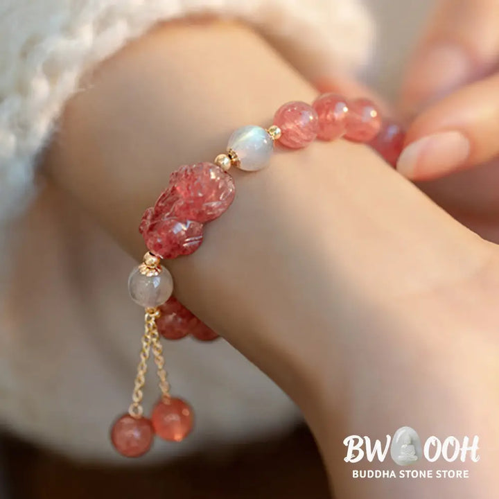Buddha Stones Natural Strawberry Quartz Moonstone PiXiu Love Healing Bracelet - BWOOOH - Strawberry Quartz&amp;Moonstone