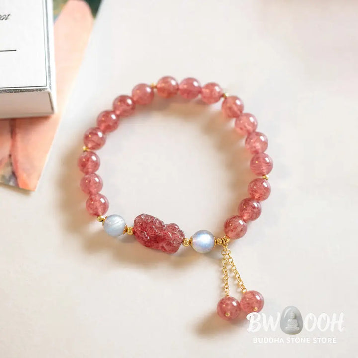 Buddha Stones Natural Strawberry Quartz Moonstone PiXiu Love Healing Bracelet - BWOOOH - Strawberry Quartz&amp;Moonstone