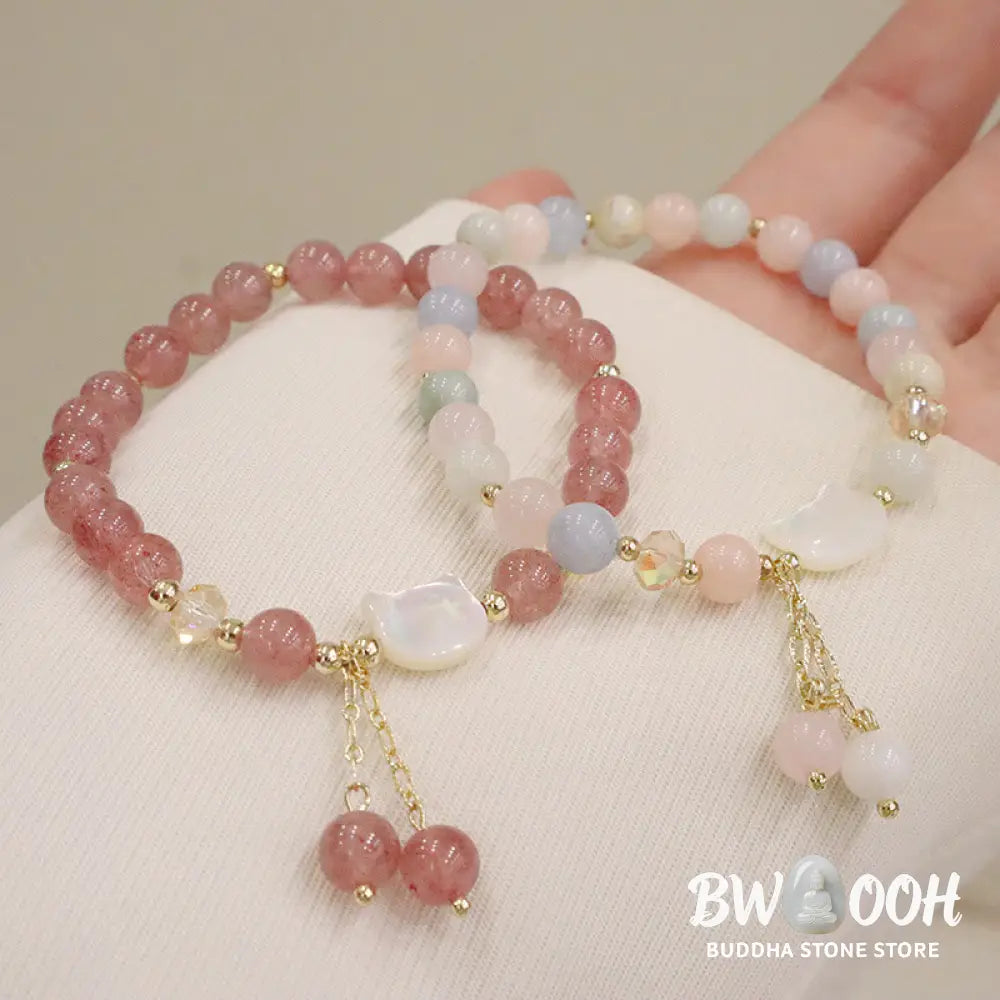 Buddha Stones Natural Strawberry Quartz Morganite Tridacna Stone Cat Love Bracelet - BWOOOH - Bracelet