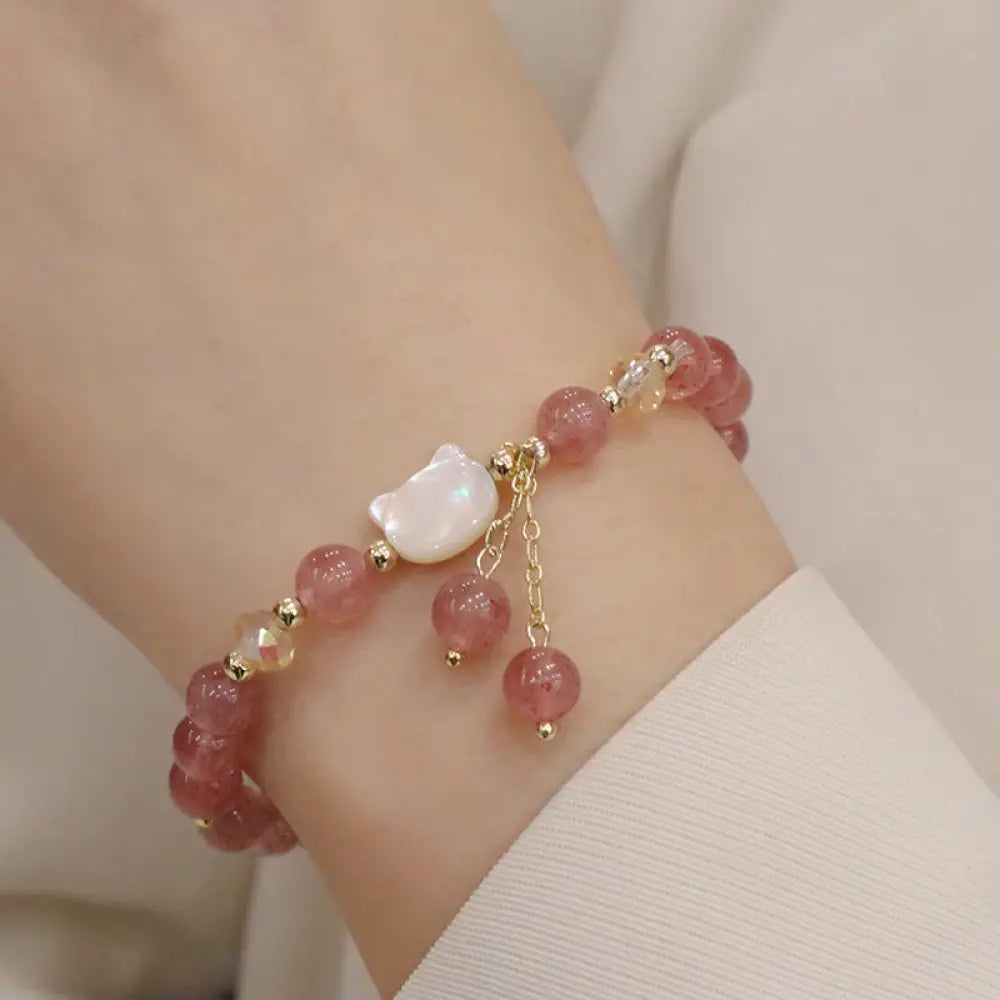 BWOOOH Natural Strawberry Quartz Morganite Tridacna Stone Cat Love Bracelet - BWOOOH - Strawberry Quartz