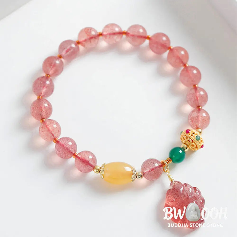 Buddha Stones Natural Strawberry Quartz Nine Tailed Fox Healing Bracelet - BWOOOH - Strawberry Quartz(Wrist