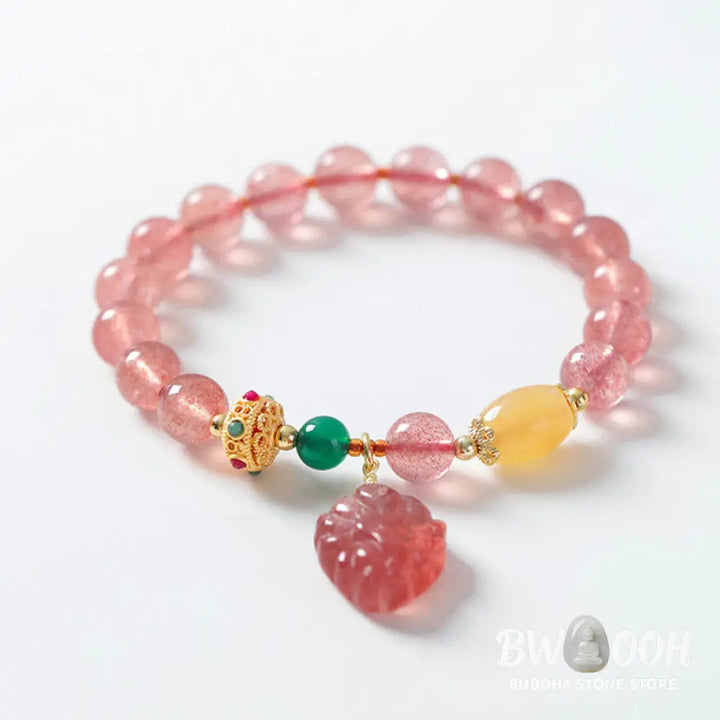 Buddha Stones Natural Strawberry Quartz Nine Tailed Fox Healing Bracelet - BWOOOH - Strawberry Quartz(Wrist
