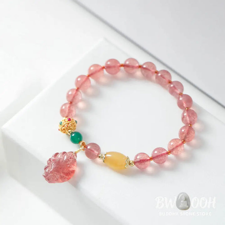 Buddha Stones Natural Strawberry Quartz Nine Tailed Fox Healing Bracelet - BWOOOH - Strawberry Quartz(Wrist