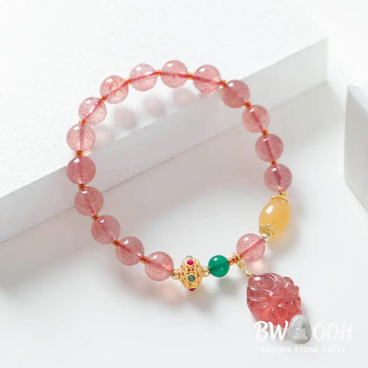 Buddha Stones Natural Strawberry Quartz Nine Tailed Fox Healing Bracelet - BWOOOH - Strawberry Quartz(Wrist