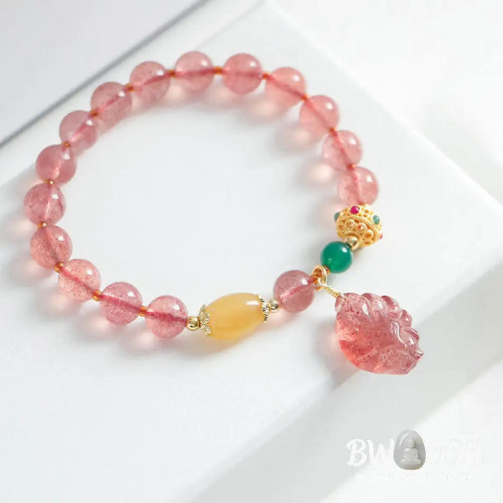 Buddha Stones Natural Strawberry Quartz Nine Tailed Fox Healing Bracelet - BWOOOH - Strawberry Quartz(Wrist