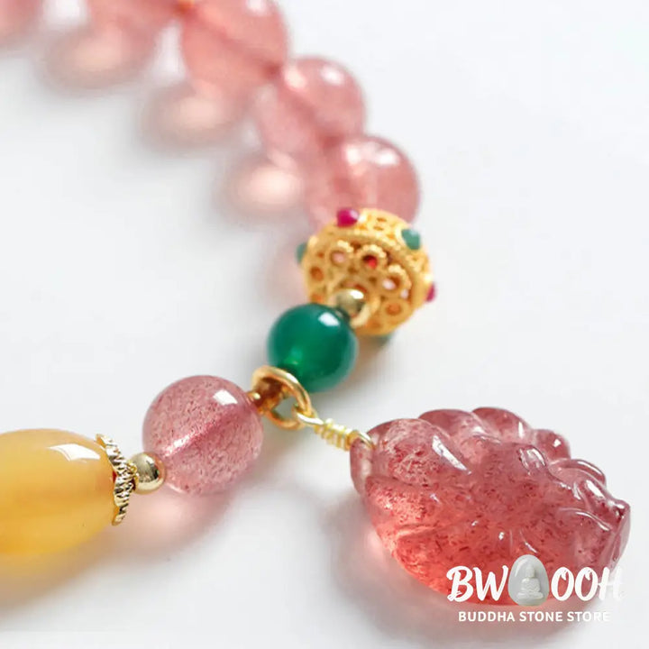 Buddha Stones Natural Strawberry Quartz Nine Tailed Fox Healing Bracelet - BWOOOH - Strawberry Quartz(Wrist