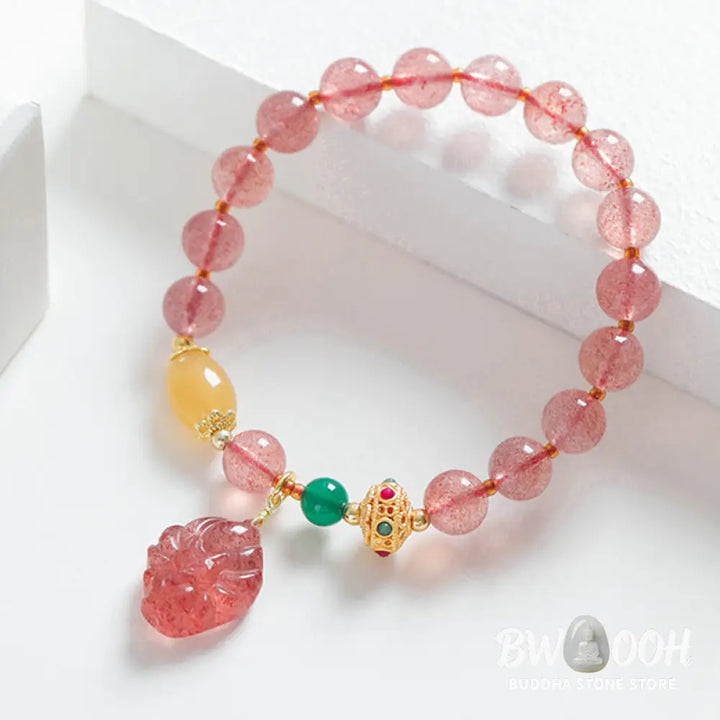 Buddha Stones Natural Strawberry Quartz Nine Tailed Fox Healing Bracelet - BWOOOH - Strawberry Quartz(Wrist