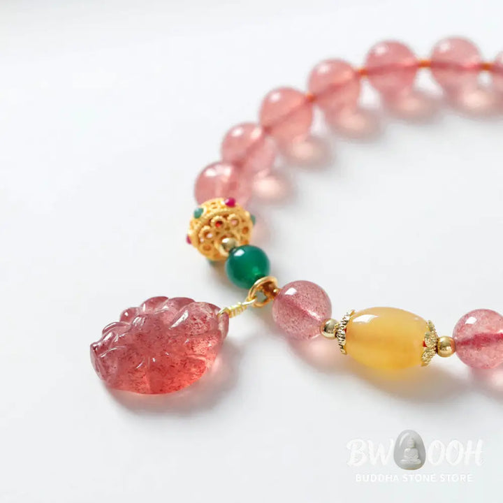 Buddha Stones Natural Strawberry Quartz Nine Tailed Fox Healing Bracelet - BWOOOH - Strawberry Quartz(Wrist