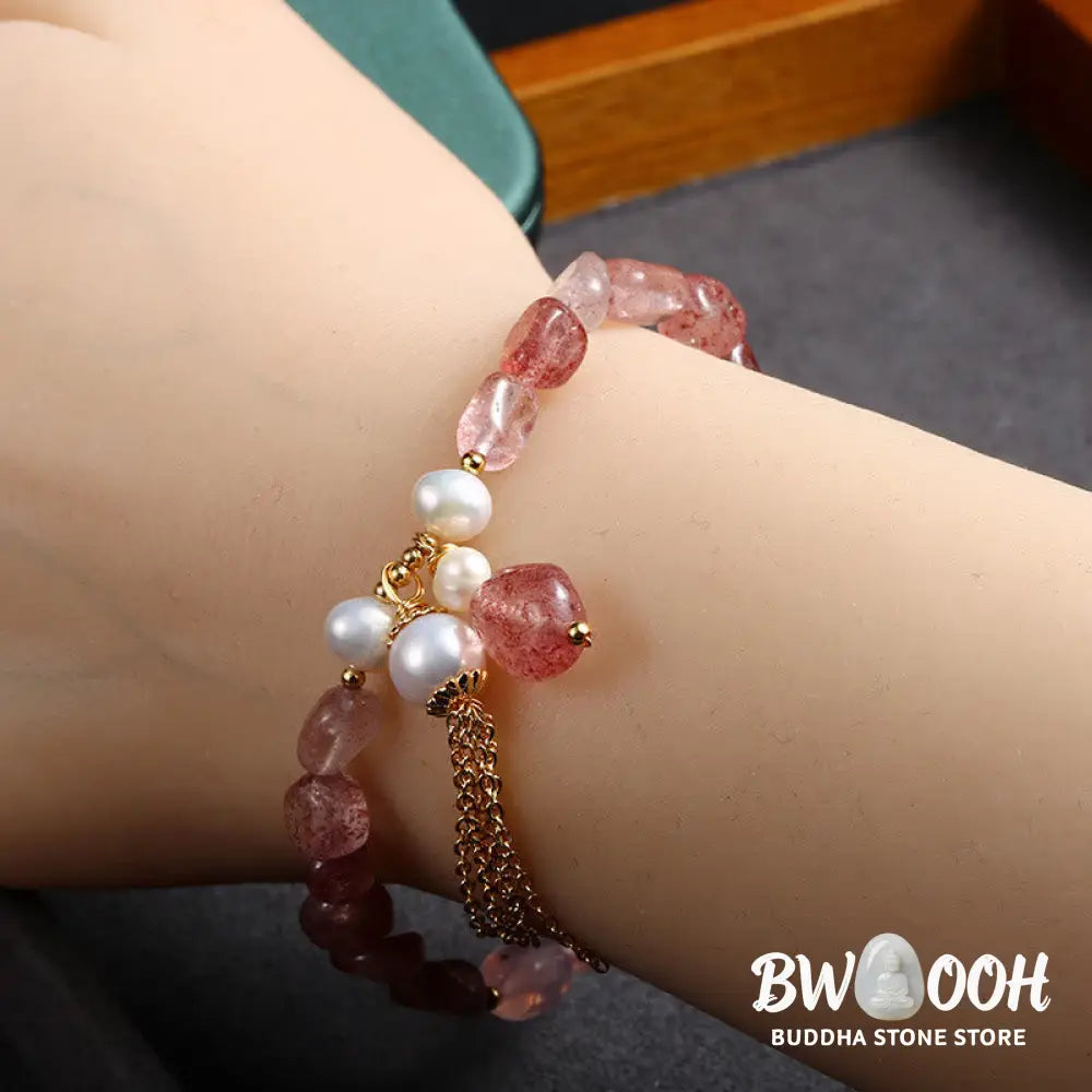 Buddha Stones Natural Strawberry Quartz Pearl 14k Gold Plated Love Healing Bracelet - BWOOOH - Strawberry Quartz&amp;Pearl