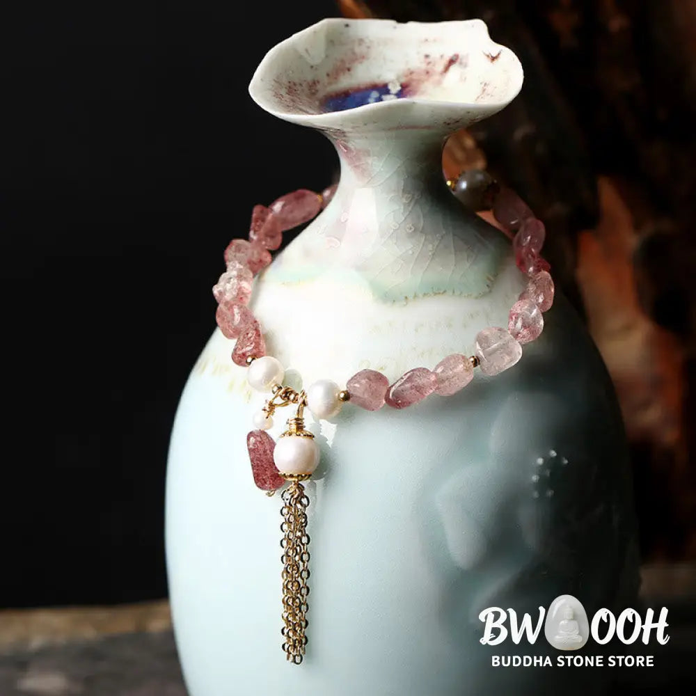 Buddha Stones Natural Strawberry Quartz Pearl 14k Gold Plated Love Healing Bracelet - BWOOOH - Strawberry Quartz&Pearl