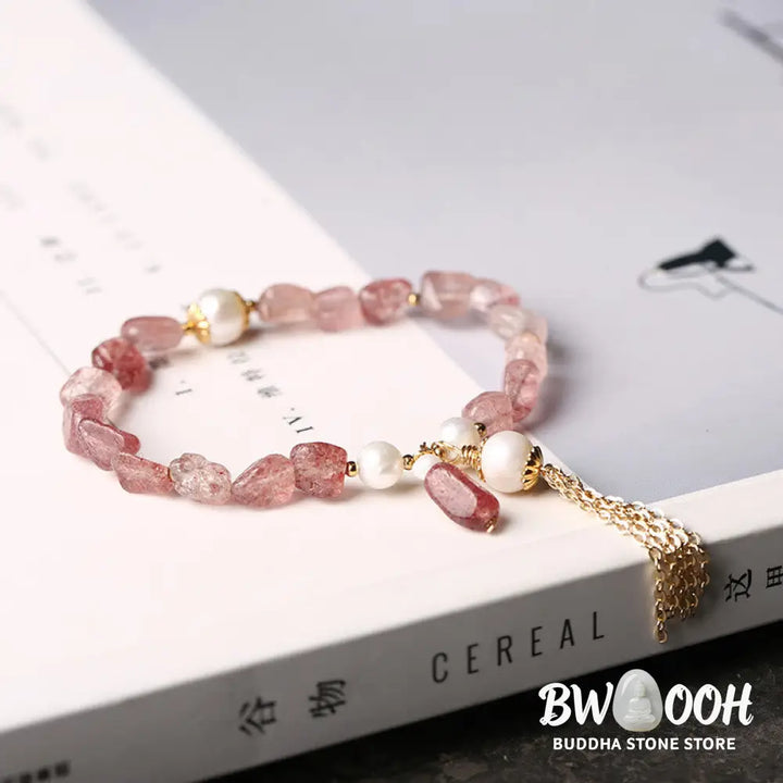 Buddha Stones Natural Strawberry Quartz Pearl 14k Gold Plated Love Healing Bracelet - BWOOOH - Strawberry Quartz&amp;Pearl