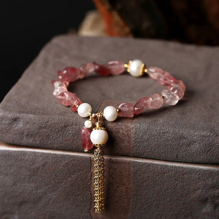 BWOOOH Natural Strawberry Quartz Pearl 14k Gold Plated Love Healing Bracelet - BWOOOH - Strawberry Quartz&amp;Pearl