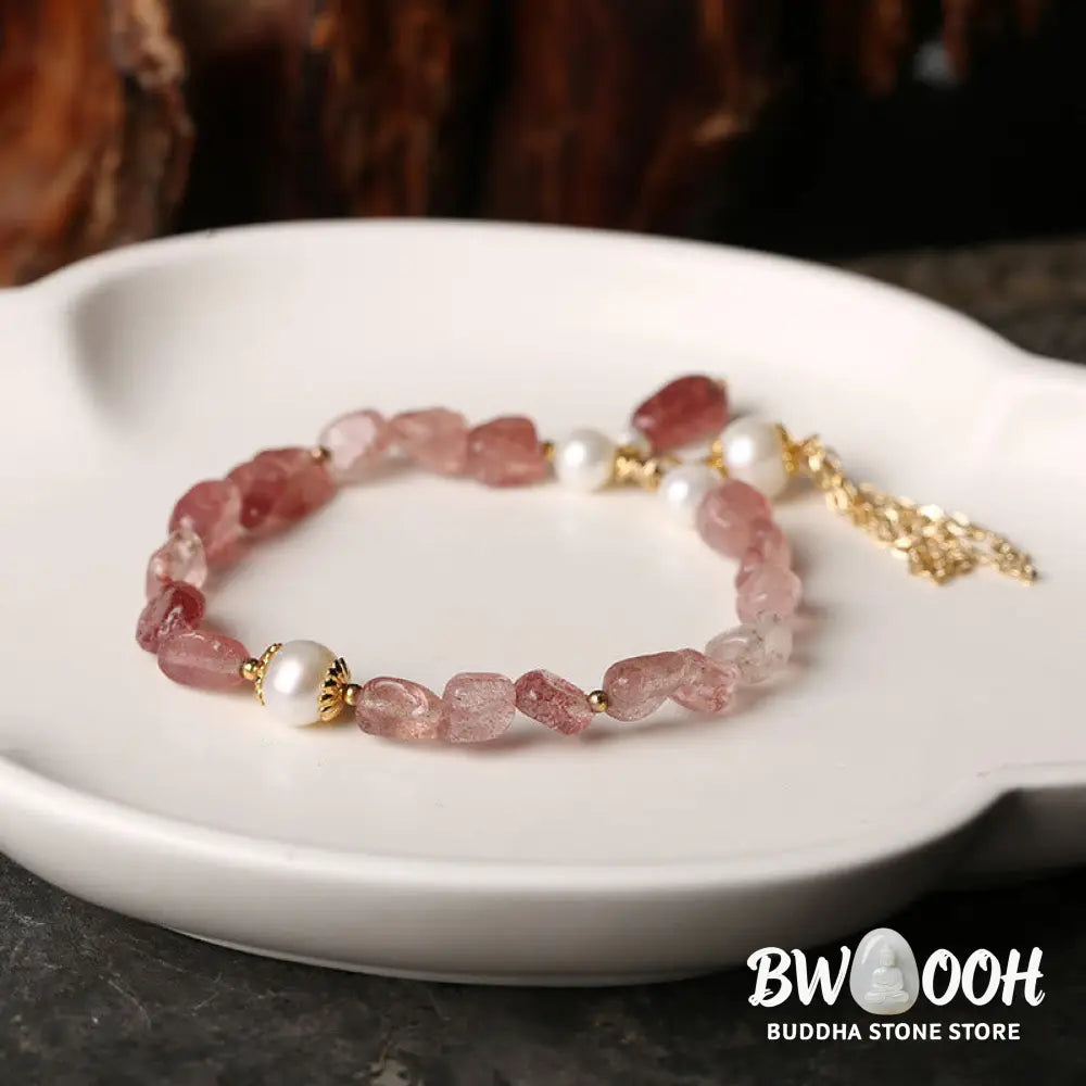 Buddha Stones Natural Strawberry Quartz Pearl 14k Gold Plated Love Healing Bracelet - BWOOOH - Strawberry Quartz&amp;Pearl