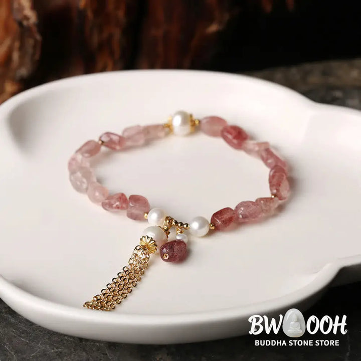 Buddha Stones Natural Strawberry Quartz Pearl 14k Gold Plated Love Healing Bracelet - BWOOOH - Strawberry Quartz&amp;Pearl