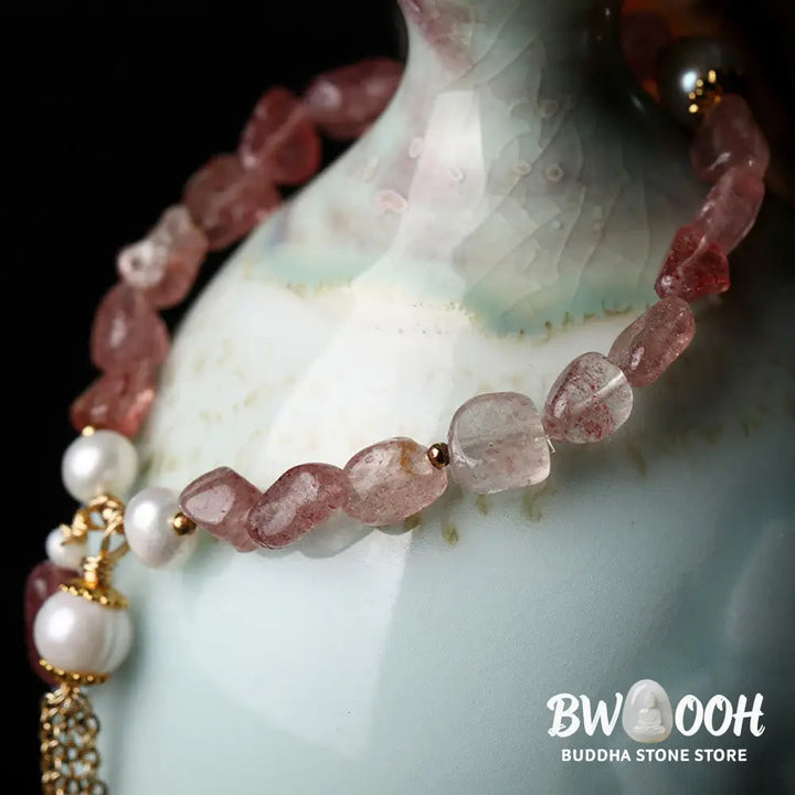Buddha Stones Natural Strawberry Quartz Pearl 14k Gold Plated Love Healing Bracelet - BWOOOH - Strawberry Quartz&amp;Pearl