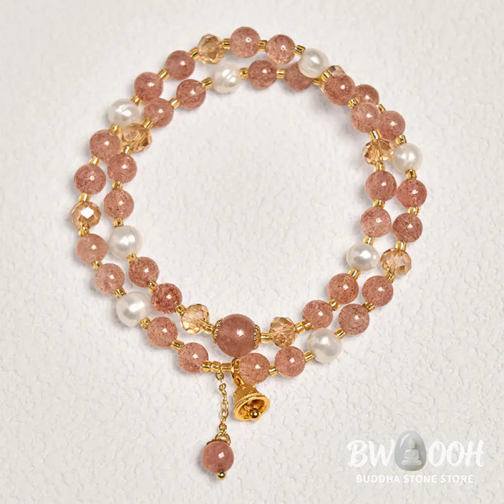 Buddha Stones Natural Strawberry Quartz Pearl Bell Healing Double Wrap Bracelet - BWOOOH - Strawberry Quartz(Wrist