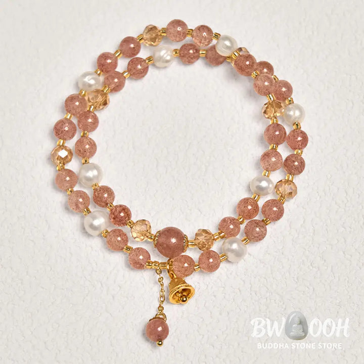 Buddha Stones Natural Strawberry Quartz Pearl Bell Healing Double Wrap Bracelet - BWOOOH - Strawberry Quartz(Wrist