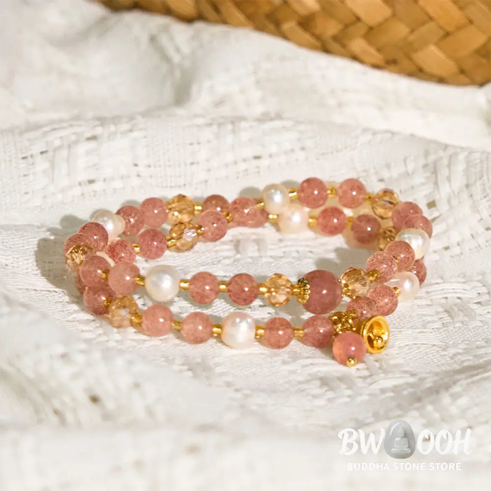 Buddha Stones Natural Strawberry Quartz Pearl Bell Healing Double Wrap Bracelet - BWOOOH - Strawberry Quartz(Wrist