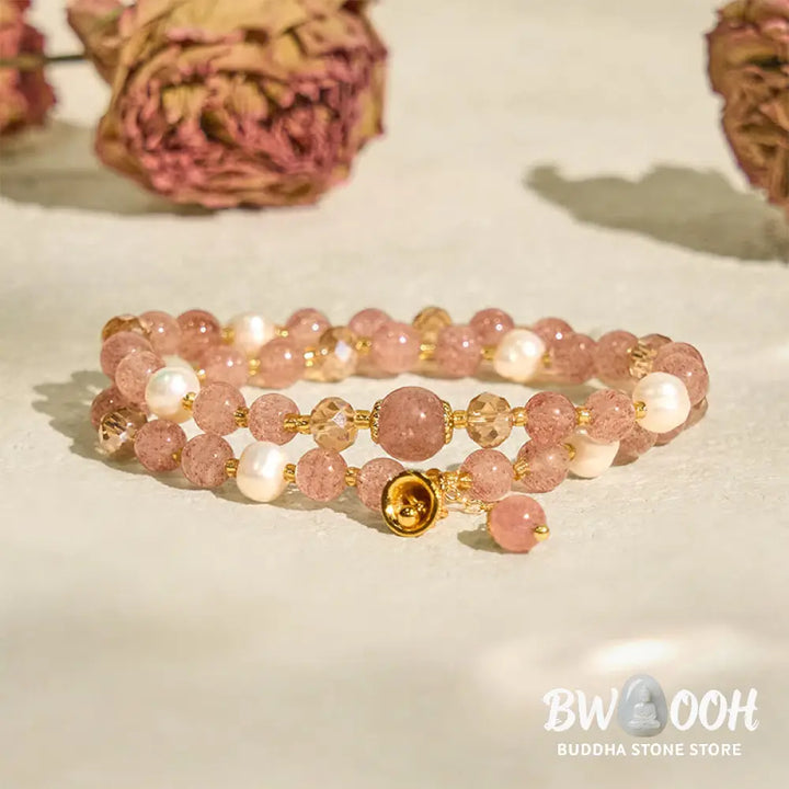 Buddha Stones Natural Strawberry Quartz Pearl Bell Healing Double Wrap Bracelet - BWOOOH - Strawberry Quartz(Wrist