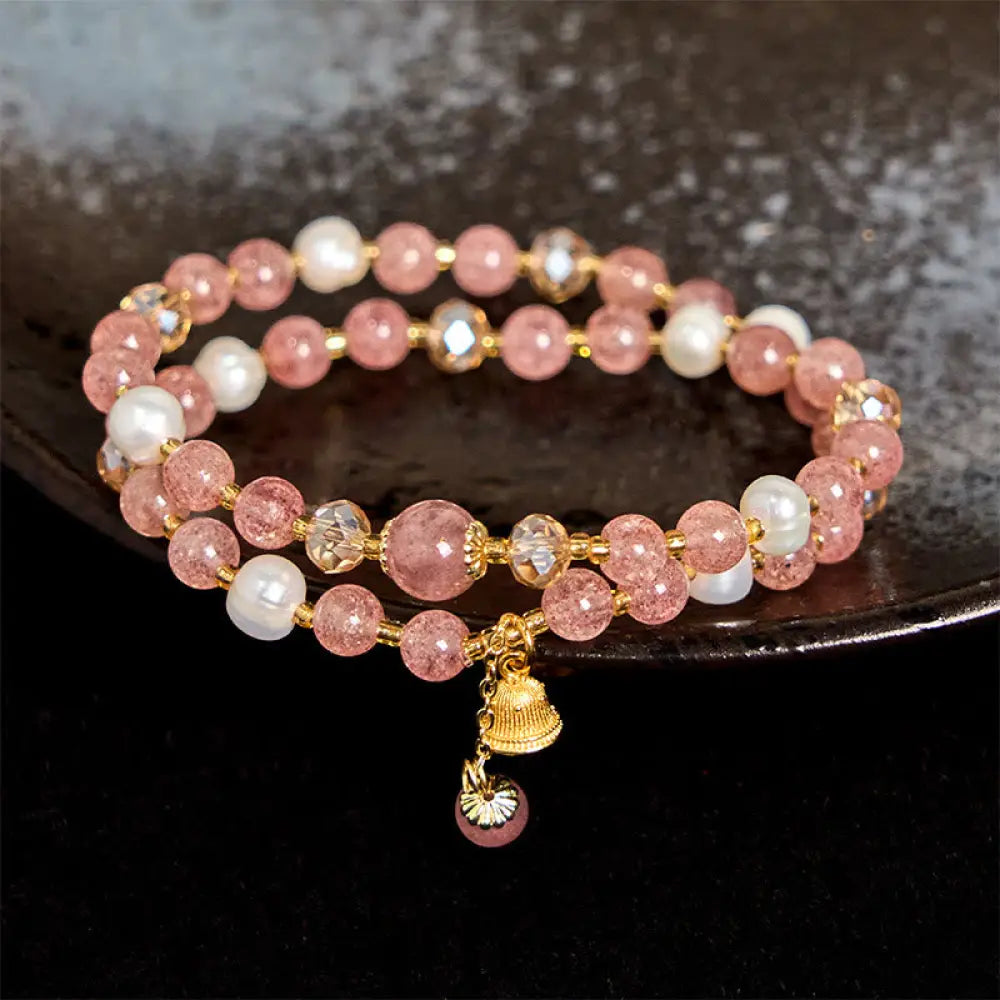 BWOOOH Natural Strawberry Quartz Pearl Bell Healing Double Wrap Bracelet — Strawberry Quartz crystal healing bracelet for ...