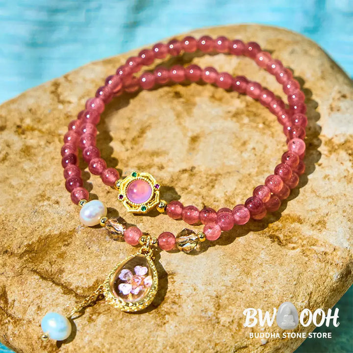 Buddha Stones Natural Strawberry Quartz Pearl Butterfly Water Drop Positive Double Wrap Bracelet - BWOOOH - Bracelet