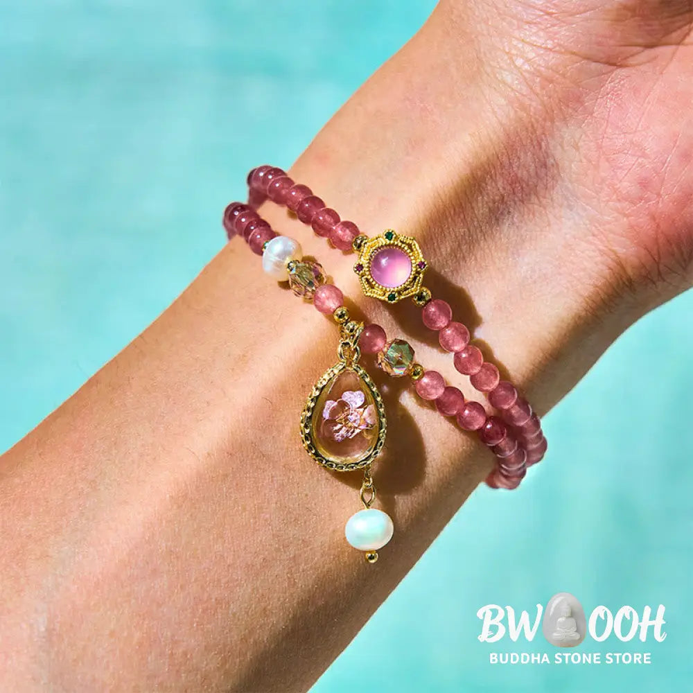 Buddha Stones Natural Strawberry Quartz Pearl Butterfly Water Drop Positive Double Wrap Bracelet - BWOOOH - Bracelet