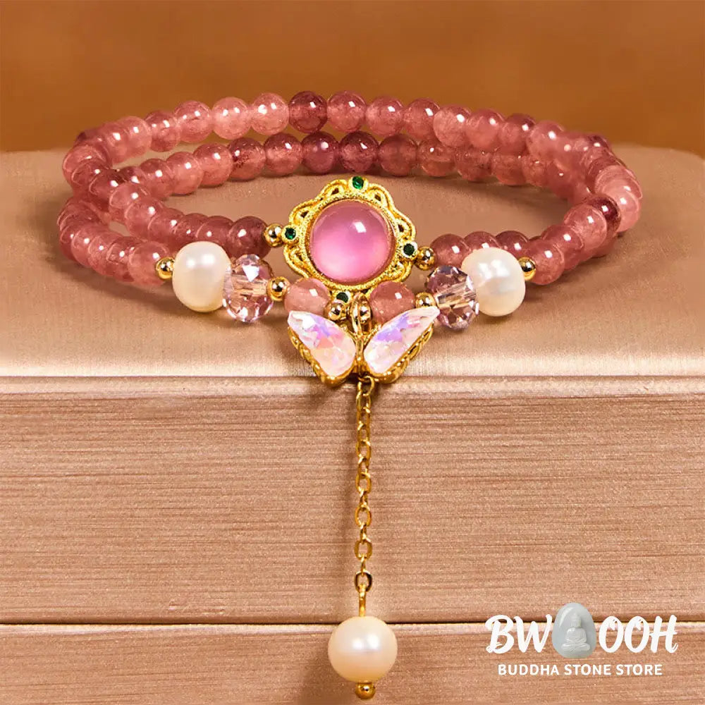 Buddha Stones Natural Strawberry Quartz Pearl Butterfly Water Drop Positive Double Wrap Bracelet - BWOOOH - Bracelet