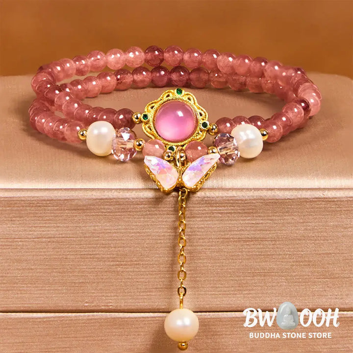 Buddha Stones Natural Strawberry Quartz Pearl Butterfly Water Drop Positive Double Wrap Bracelet - BWOOOH - Bracelet
